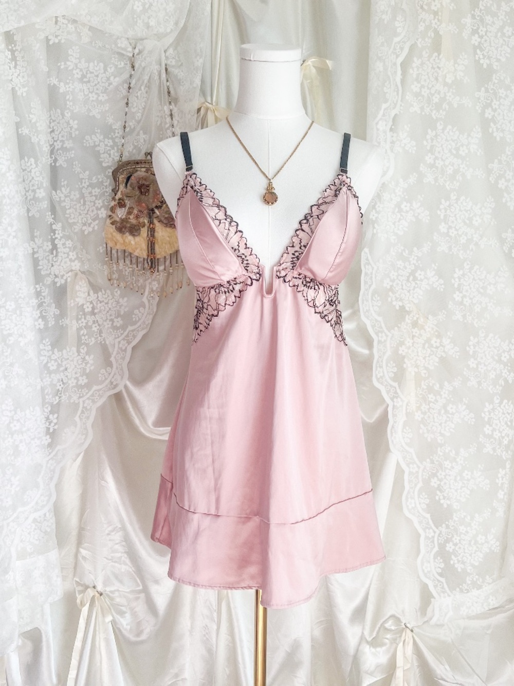 Blush Pink Satin Slip Dress Lace Trim Coquette Nightie
